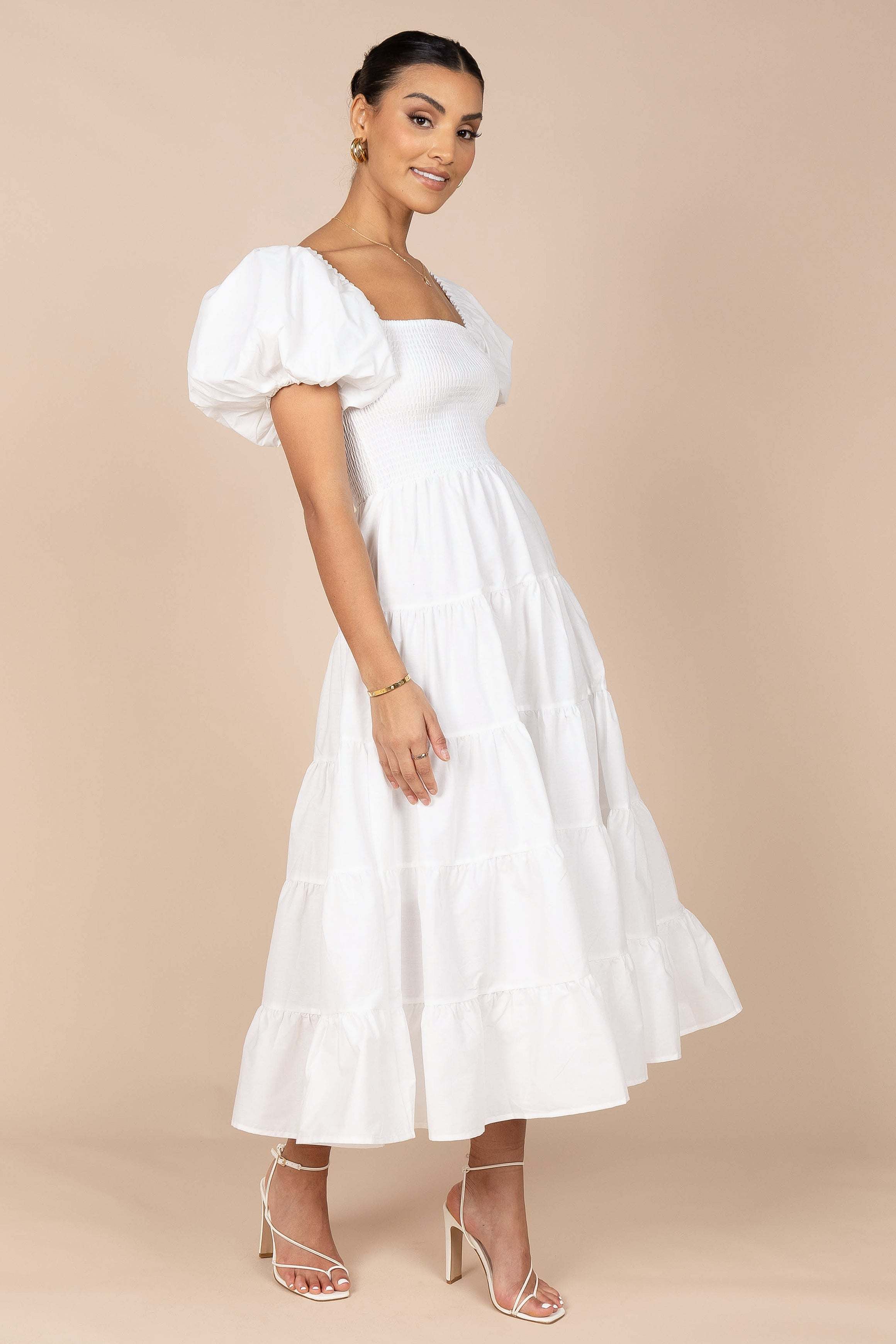 Annette Puff Sleeve Shirred Midi Dress - White - XL - Image 41